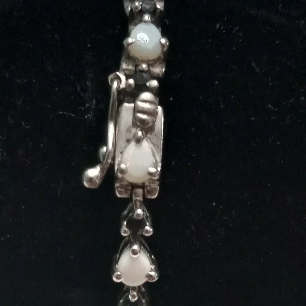 Sterling Silver Bracelet with Opals and Blue Rhinestones - Picture 12 of 14